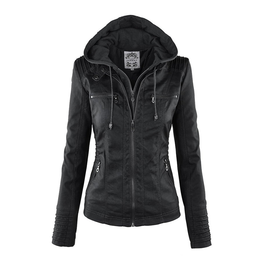 Women’s Weatherproof Leather Jacket | Detachable Hood & Zip Closure | Durable Polyester Fiber | Comfortable Fit