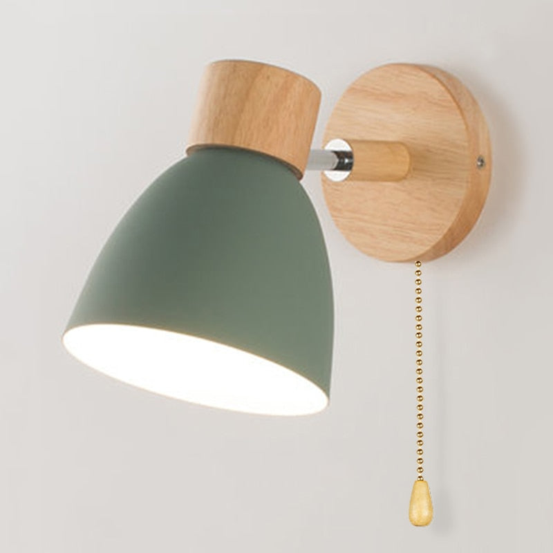 Wall Lamp | Scandinavian Wooden Shade | Metal Construction & Pull Switch | Space-Saving Design