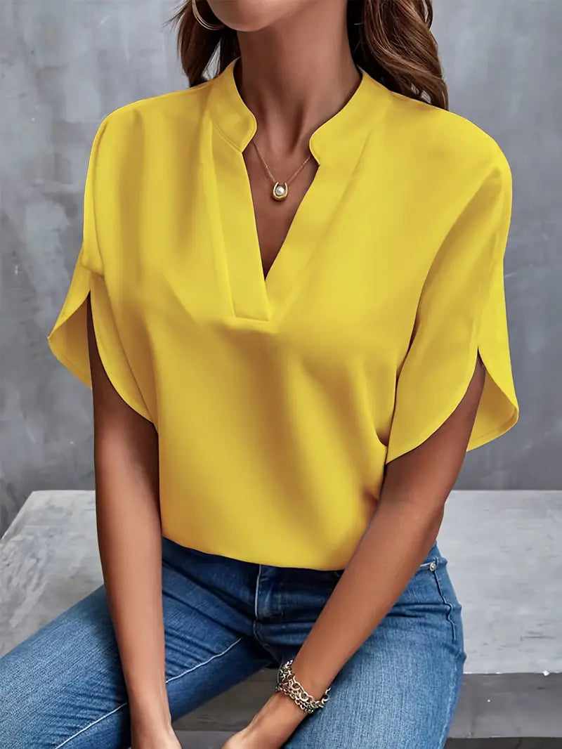 Women's Blouse | Lightweight V-Neck with Split-Sleeve Detailing | Soft Drapable Fabric | Comfortable Fit