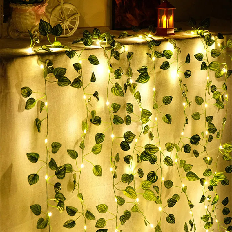 Battery Operated Garden Vine LED String Lights with Artificial Leaf Garland - Ivy, Watermelon, Green Dill, Two Color Ivy Vines - Warm White LED, Indoor/Outdoor, 2M-10M Lengths