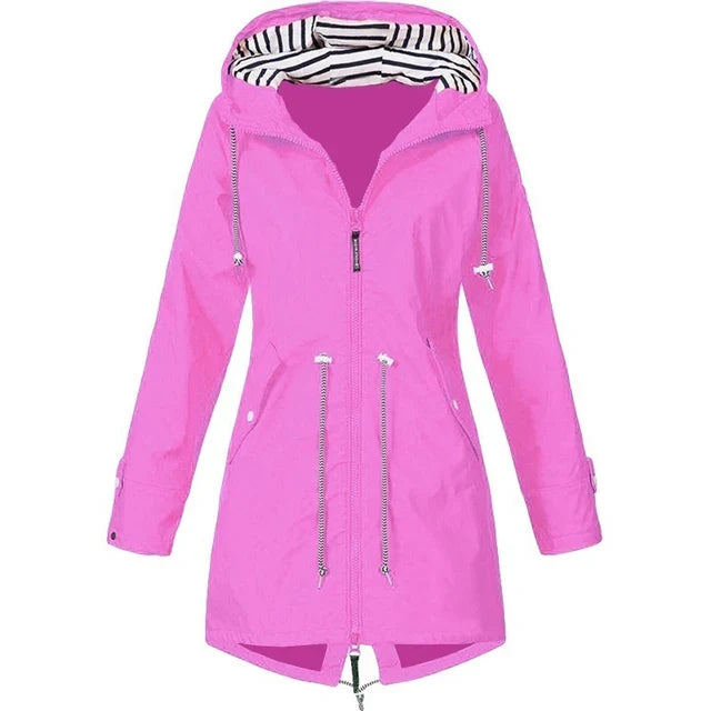Women’s Waterproof Hooded Trench Coat | Adjustable Waist Drawstring | Zipper & Exterior Pockets | Windproof Protection