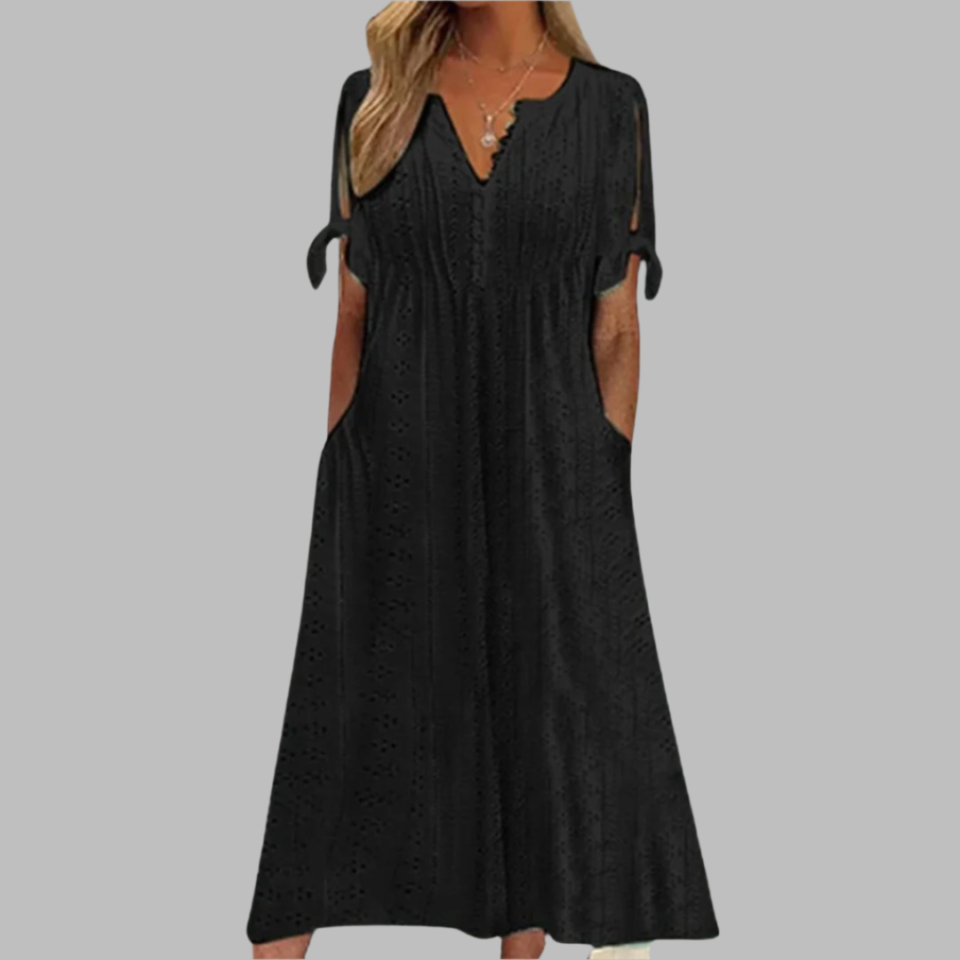 Women’s Eyelet Midi Dress | Tie-Sleeve Details & Side Pockets | Lightweight Boho Style | Comfortable Fit for Summer