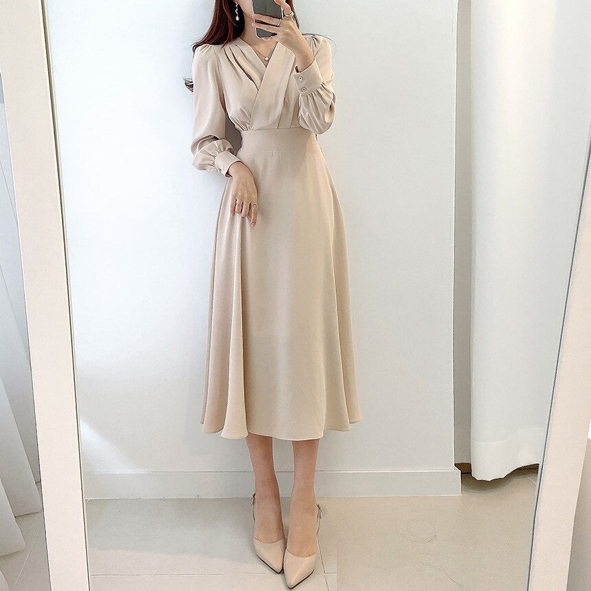 Women’s V-Neck Long-Sleeve Dress | Polyester Stretch Fabric | Midi to Maxi Length | Comfortable Fit