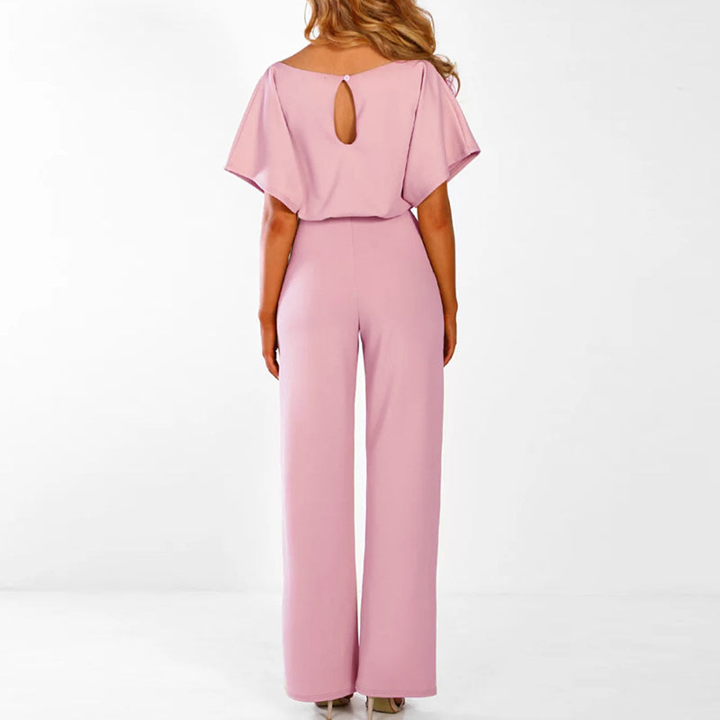 Women’s Wide-Leg Jumpsuit | Waist Tie Belt & Flutter Sleeves | Cotton Blend | Comfortable Fit