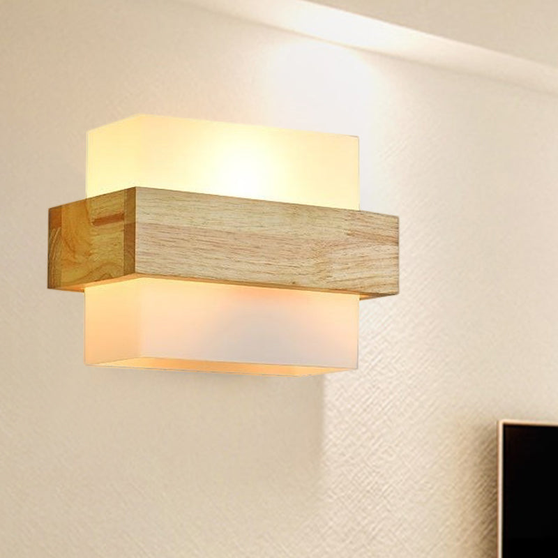 Taavita 1 Head Beige Wall Sconce Light Fixture with White Glass Shade - Wood Rectangle Design