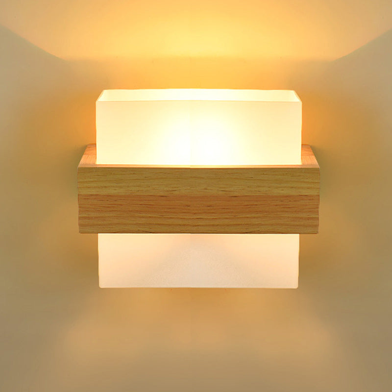 Taavita 1 Head Beige Wall Sconce Light Fixture with White Glass Shade - Wood Rectangle Design