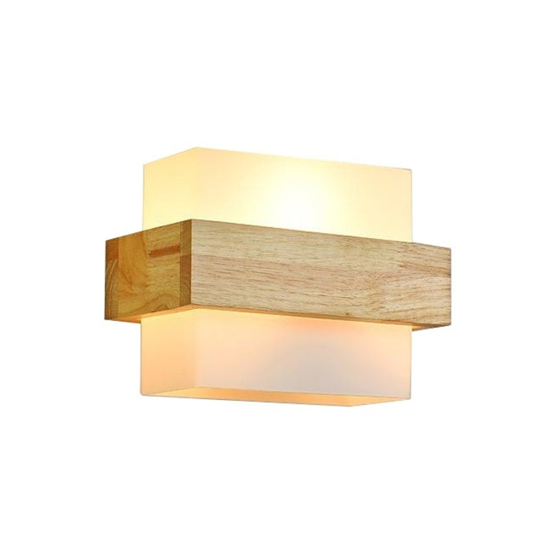 Taavita 1 Head Beige Wall Sconce Light Fixture with White Glass Shade - Wood Rectangle Design