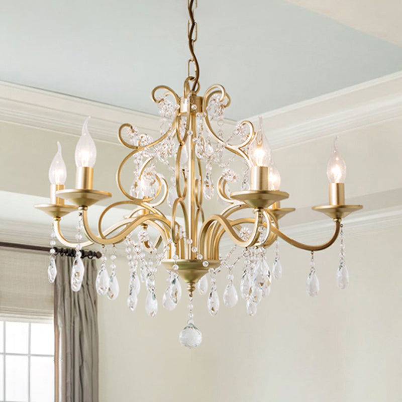 Gold Swooping Arm Chandelier Light Countryside Crystal 3/6/8 Lights Dining Room Ceiling Lamp Clearhalo 'Ceiling Lights' 'Chandeliers' Lighting' options 326391