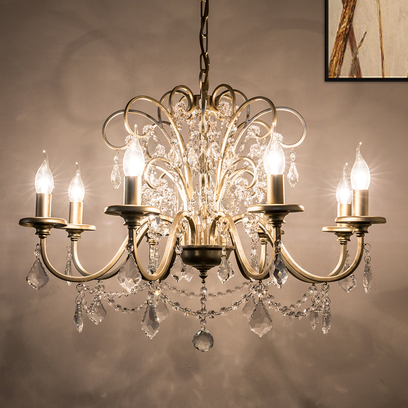 Gold Swooping Arm Chandelier Light Countryside Crystal 3/6/8 Lights Dining Room Ceiling Lamp Clearhalo 'Ceiling Lights' 'Chandeliers' Lighting' options 326394
