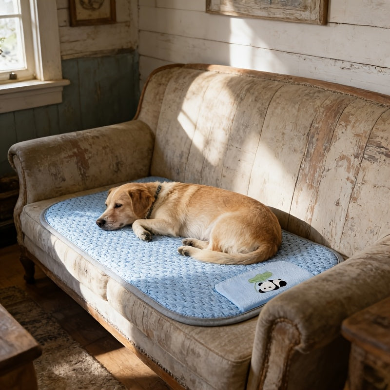 Dog Cooling Mat with Ice Bead Texture Fabric, Featuring Gray Piping Edges and an Adorable Panda Hugging a for Lotus Leaf Pattern Printed Underneath. Specially Designed for Pets During Summer. This Cooling Pad Serves as a Summer Cooling Sleeping Mat