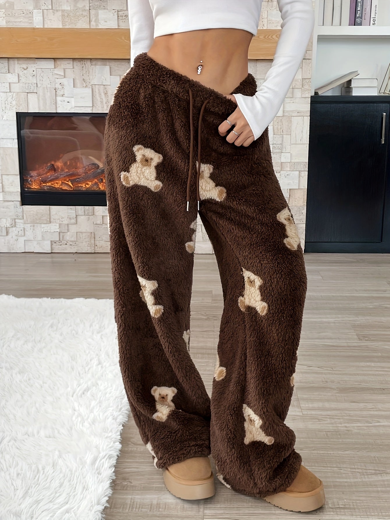 Fleece-Lined Wide-Leg Pants | Animal Print | Warm and Comfortable | Polyester