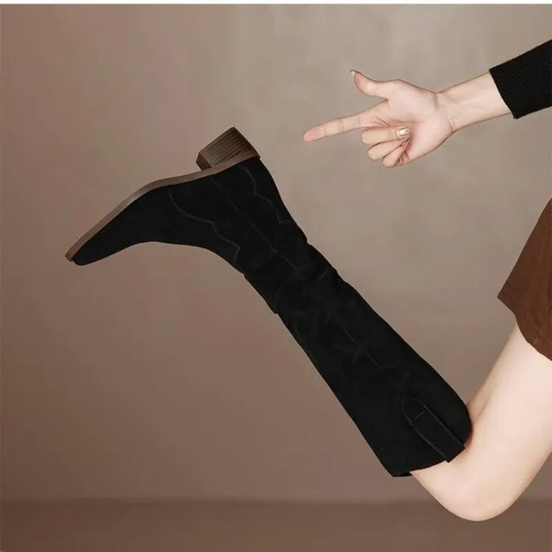 Women’s Knee-High Boots | Vintage Suede with Ruffle Details | Block Heel & Almond Toe | Comfortable Fit