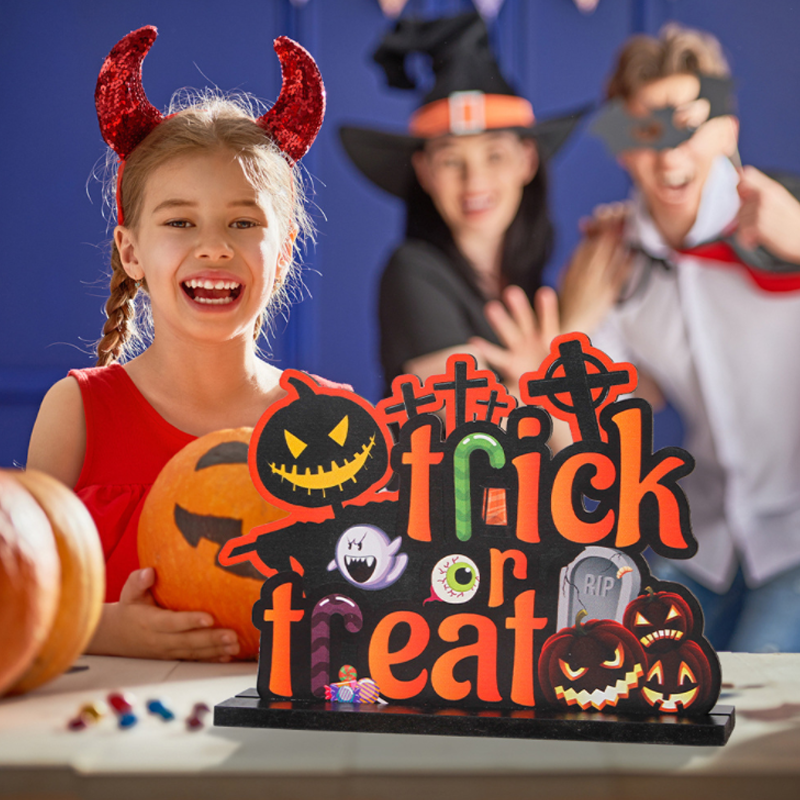 Halloween Wooden Table Decoration with Pumpkin and Spooky Motifs