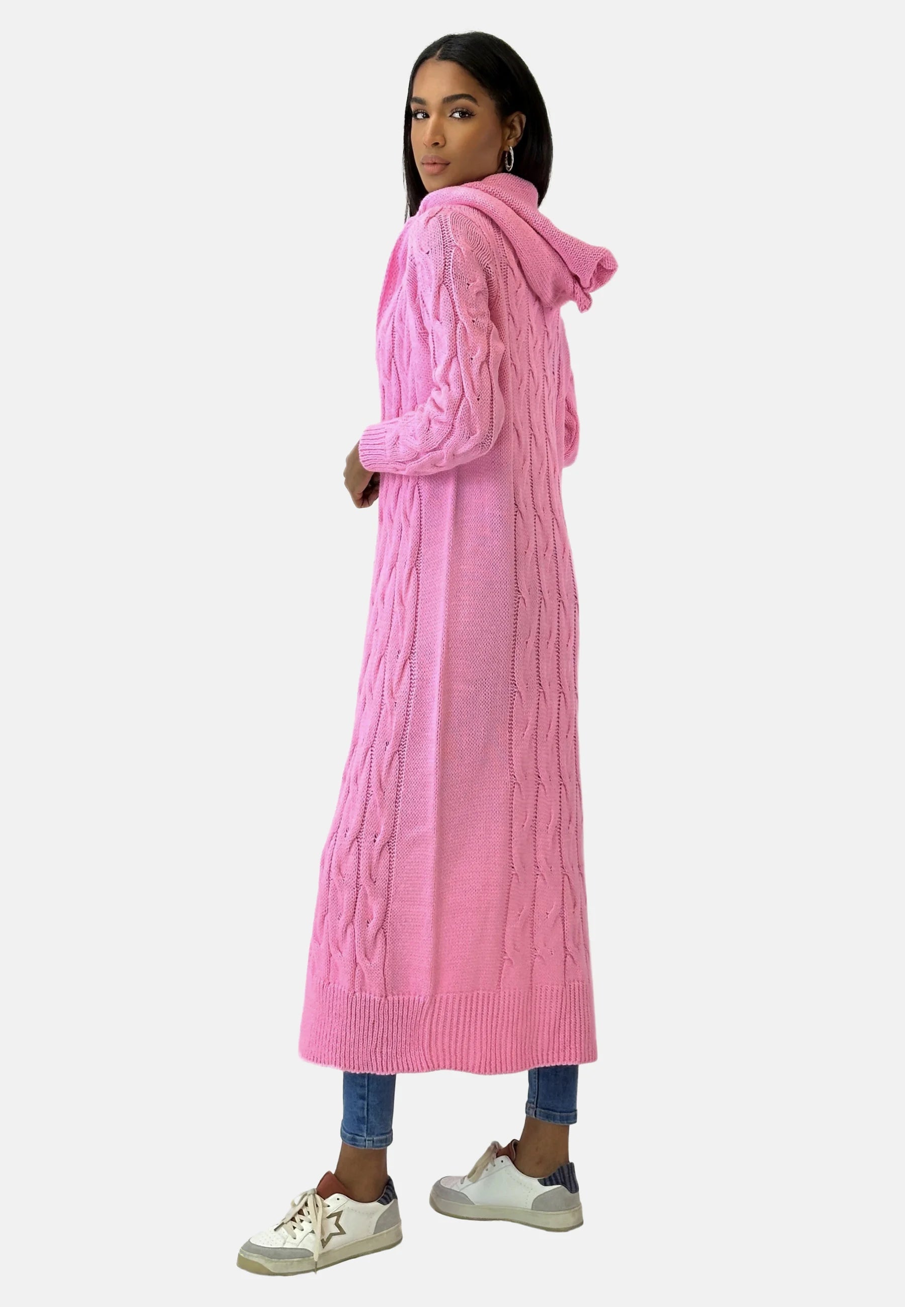 Women’s Long Hooded Knit Cardigan | Cable Knit & Cotton Blend | Open Front | Comfortable Warmth