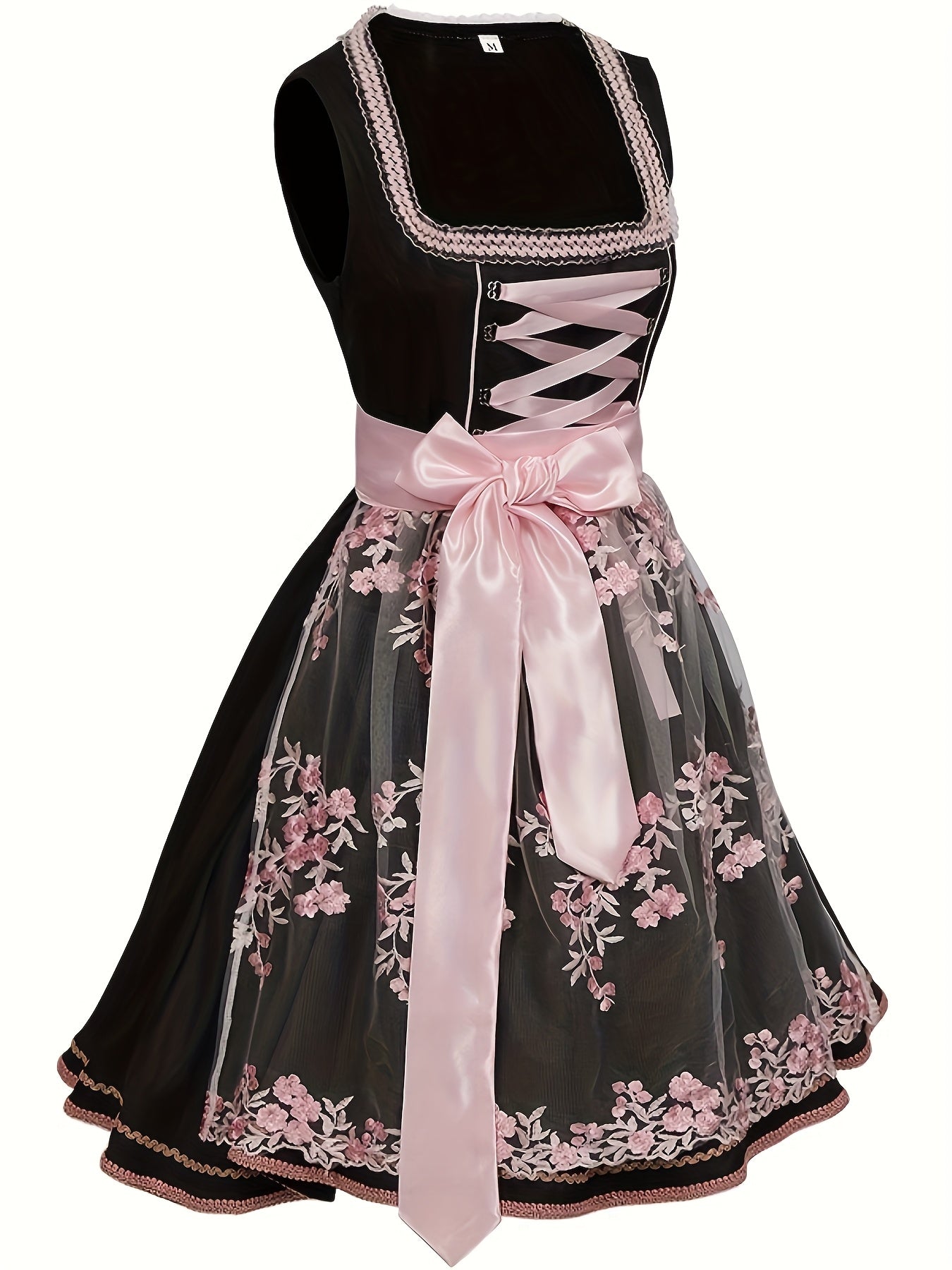 Embroidered Black and Pink Dirndl Dress with Floral Lace for Oktoberfest
