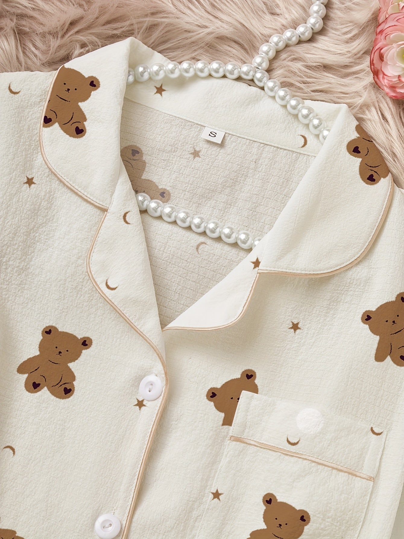 Long Sleeve Pajama Set | Cartoon Bear Print | Cozy Warm Comfort | Polyester