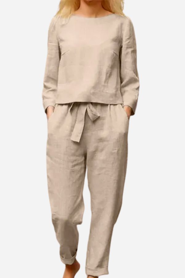 Women's Linen Two-Piece Set | Adjustable Waist Tie | Breathable Fabric | Versatile Wear