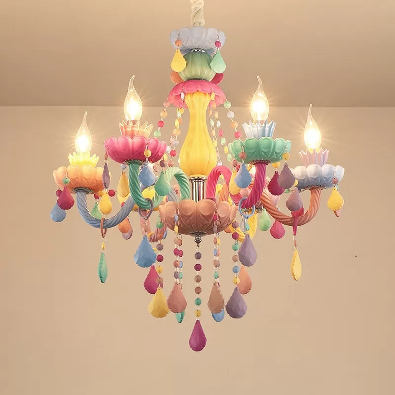 Kids Candle Pendant Light with Crystal Glass 6 Lights Multi-Color Chandelier for Child Bedroom Clearhalo 'Ceiling Lights' 'Chandeliers' 'Glass shade' 'Glass' Lighting' 37157