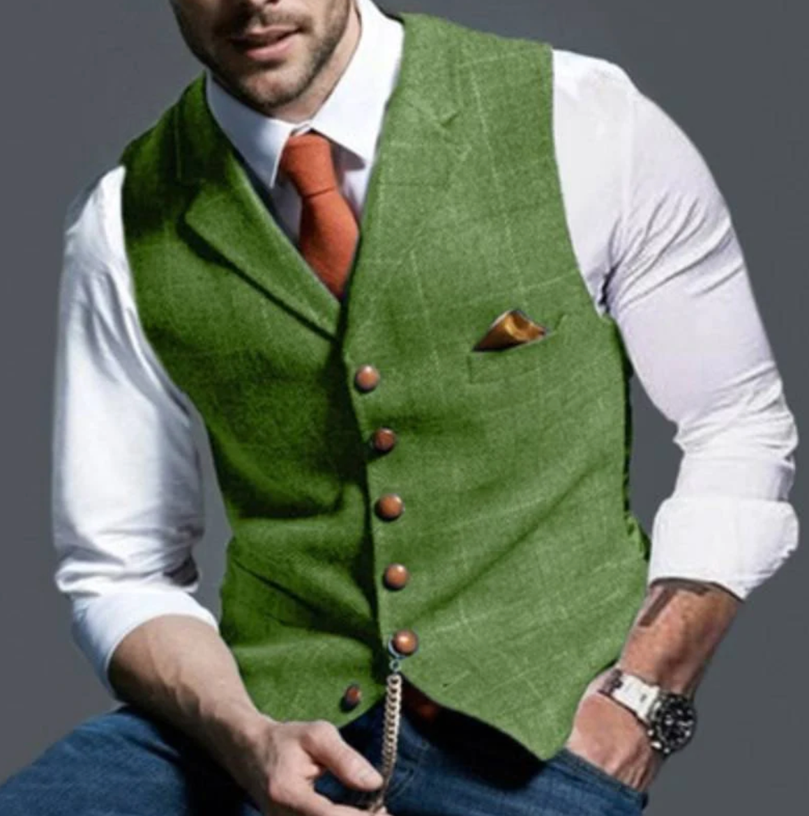 Men’s Vest | Vintage Style with Pocket Watch Chain | Textured Woven Fabric | Timeless Sophistication