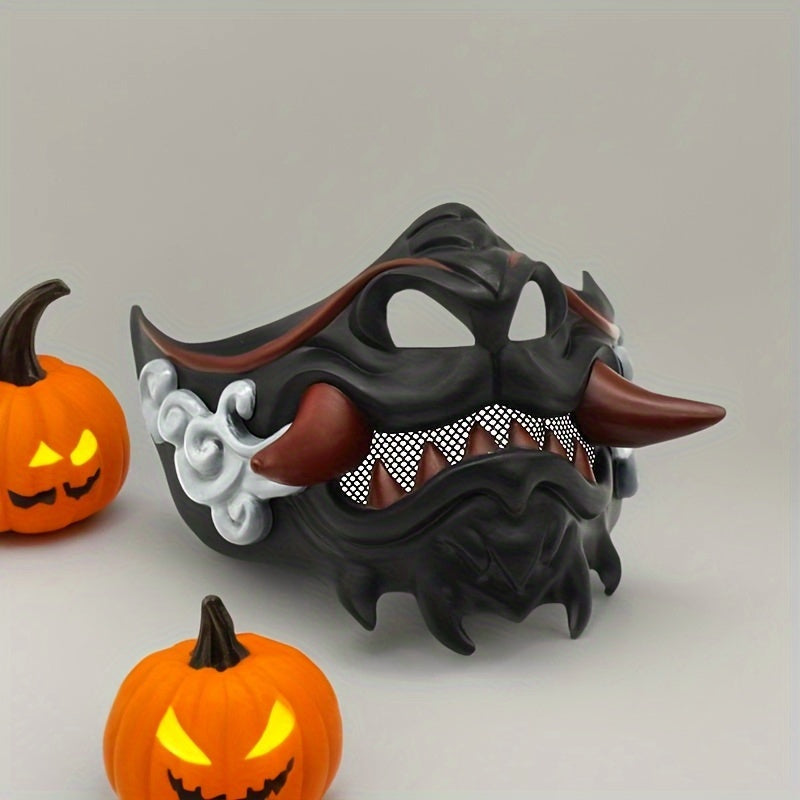 Ninja Demon Halloween Mask with Red Horns and Lightweight Plastic
