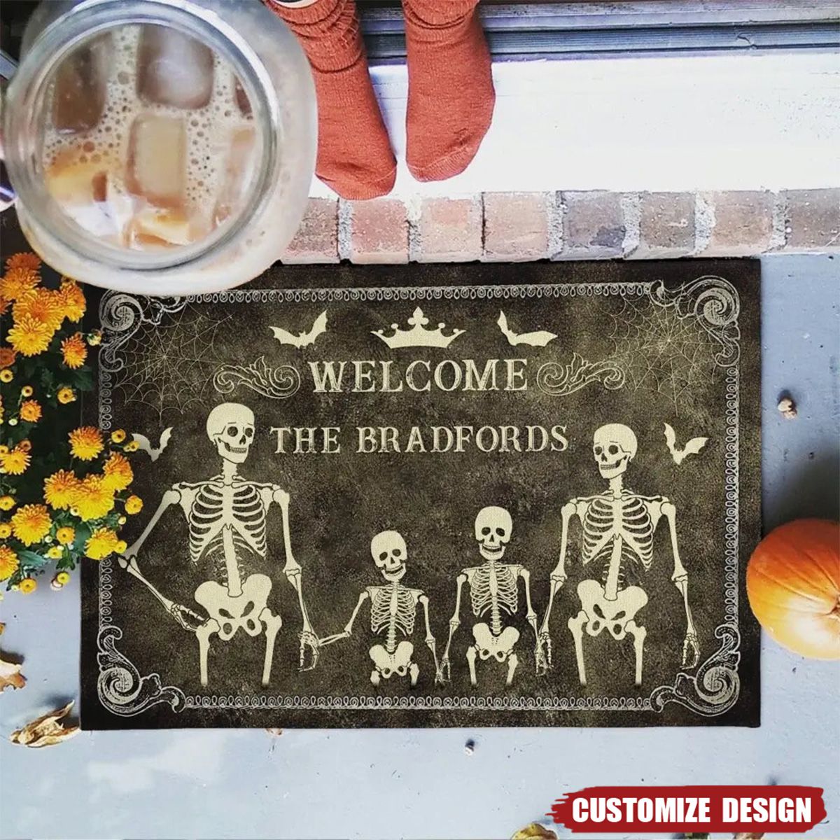 Halloween Skeleton Family Doormat with Plush Velour and Non-Slip Backing