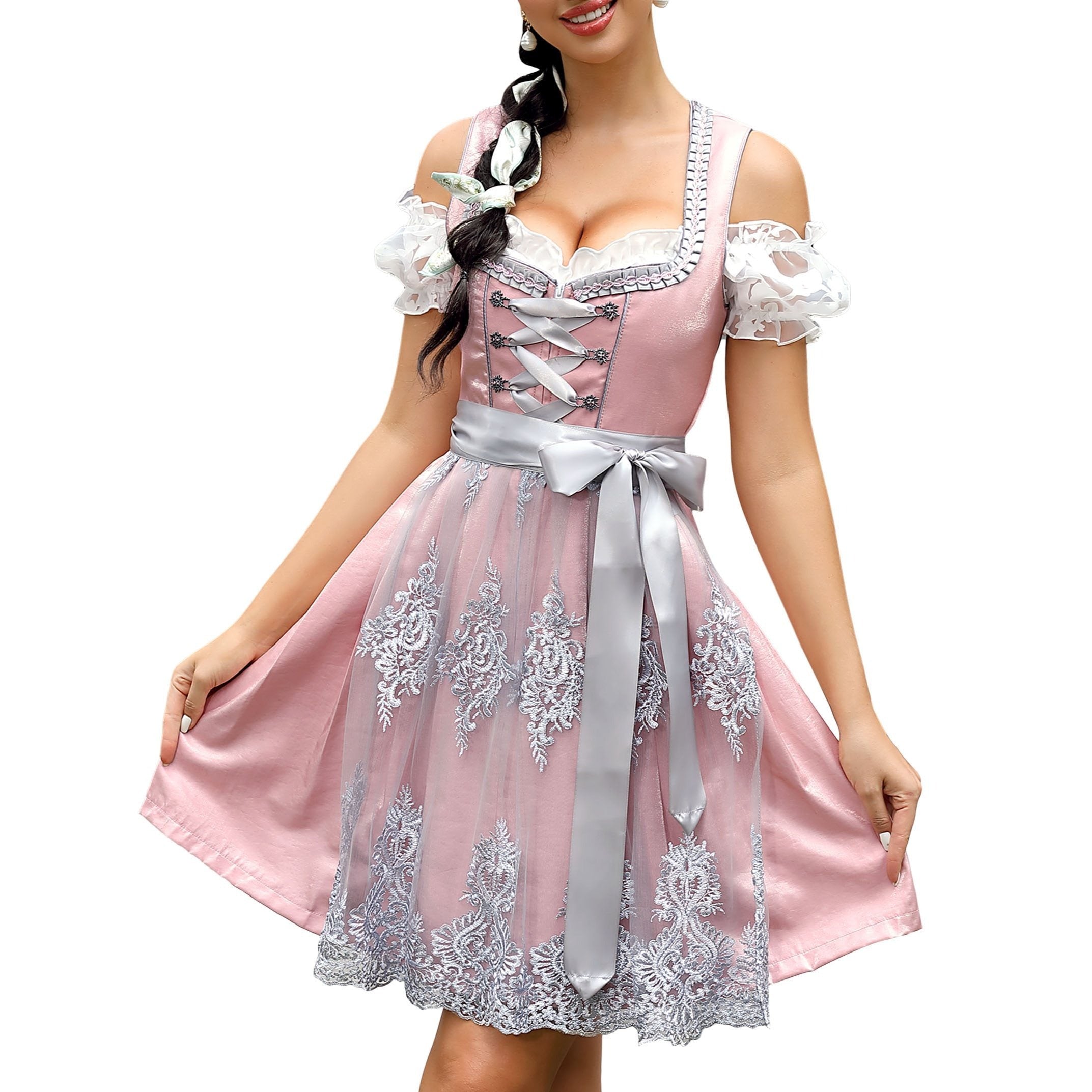 Women's Oktoberfest Dirndl Dress with Satin Fabric and Lace Trim