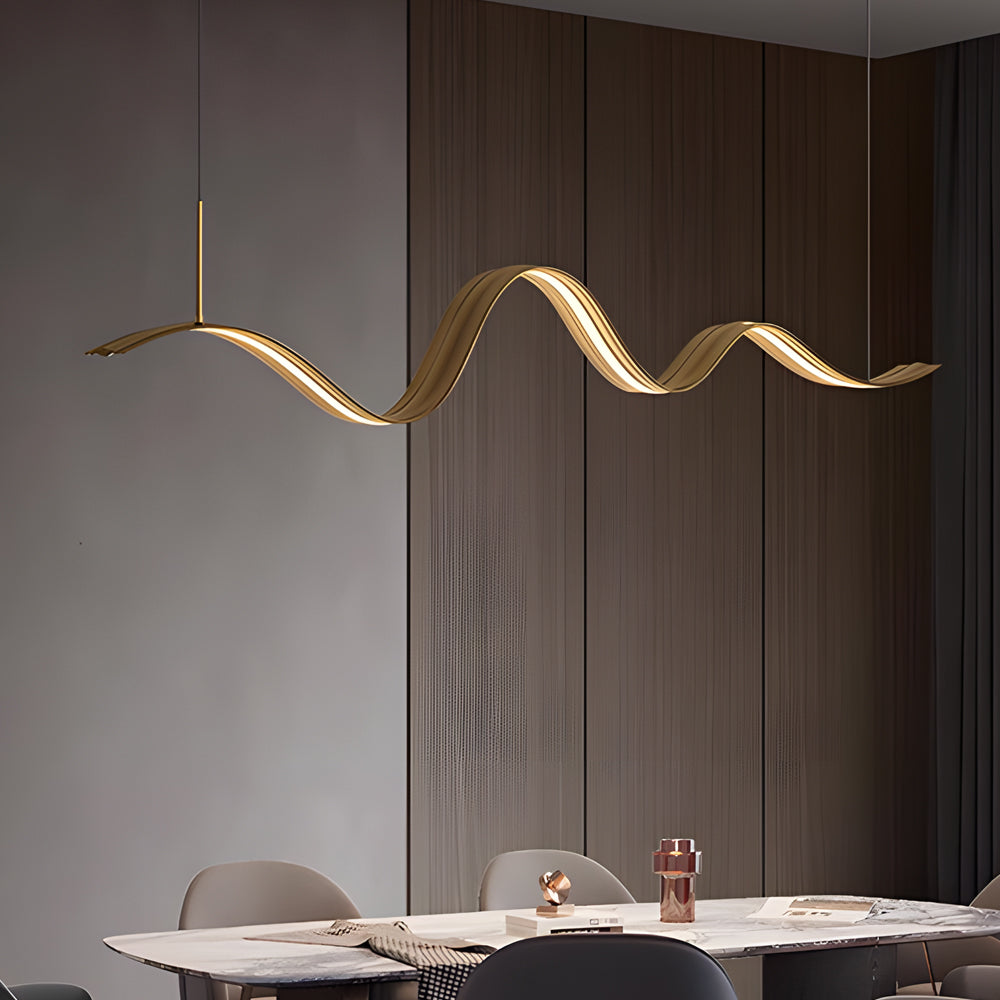1-Light Elegant Flow Wave Linear LED Brass Pendant Light for Kitchen Island