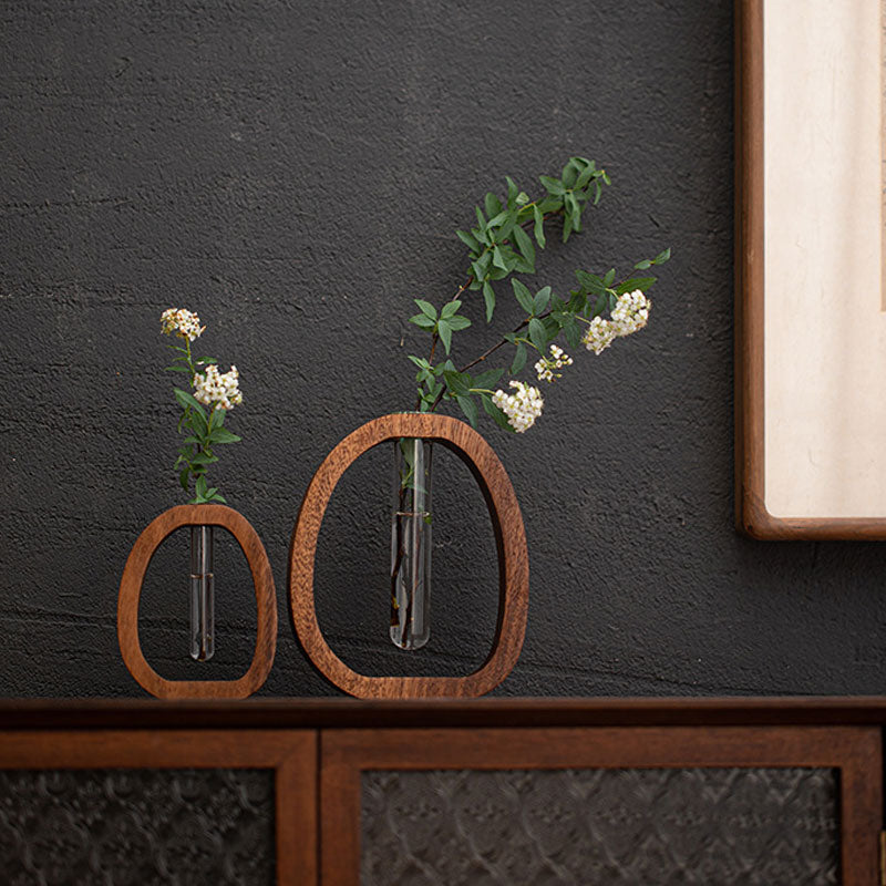 Wooden Wall Vase with Glass Tube for Plant Display and Decoration