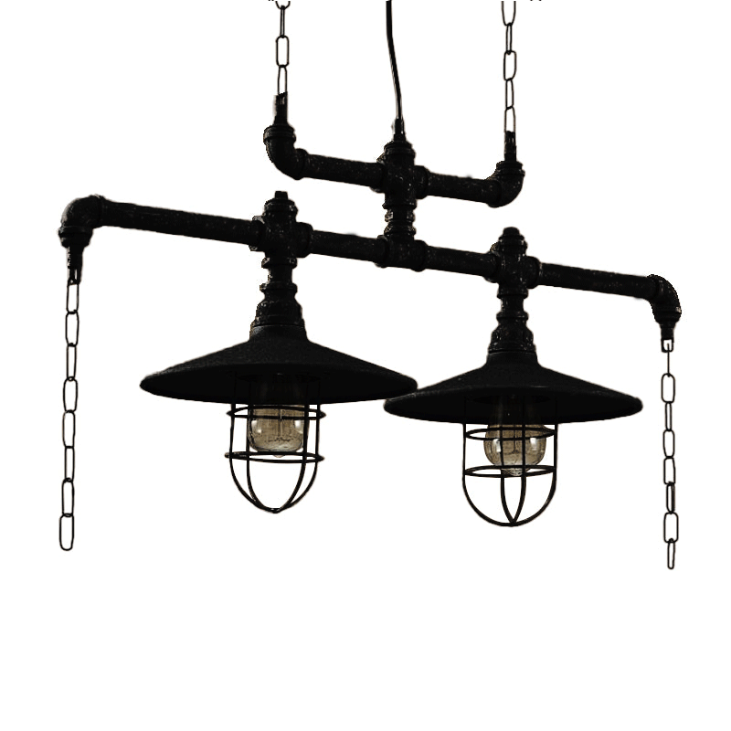 2/3 Heads Black Iron Steampunk Island Lighting Fixture with Cage and Chain Decoration – Hanging Light 48.5" Width, Industrial Style, Metal, 3 Lights, E26/E27 Bulb Base