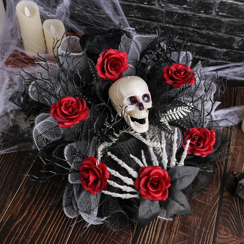 Skull and Red Rose Halloween Wreath for Front Door Decoration