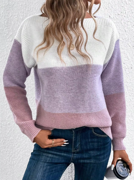 Women’s Knit Pullover Sweater | Three-Color Patchwork Design | Soft Lightweight Fabric | Comfortable Fit