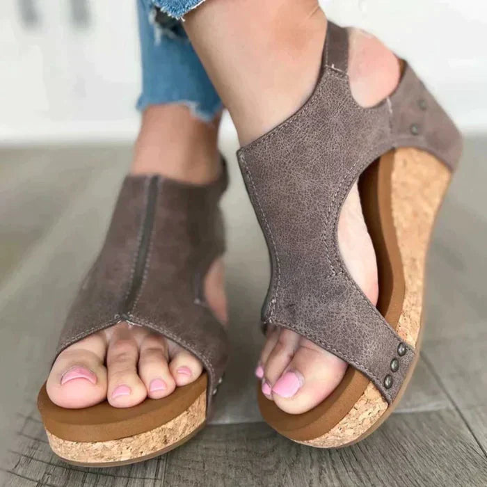 Women’s Wedge Sandals | Faux Leather & Cork Platform | Gel Cushioned Footbed | Comfortable Fit