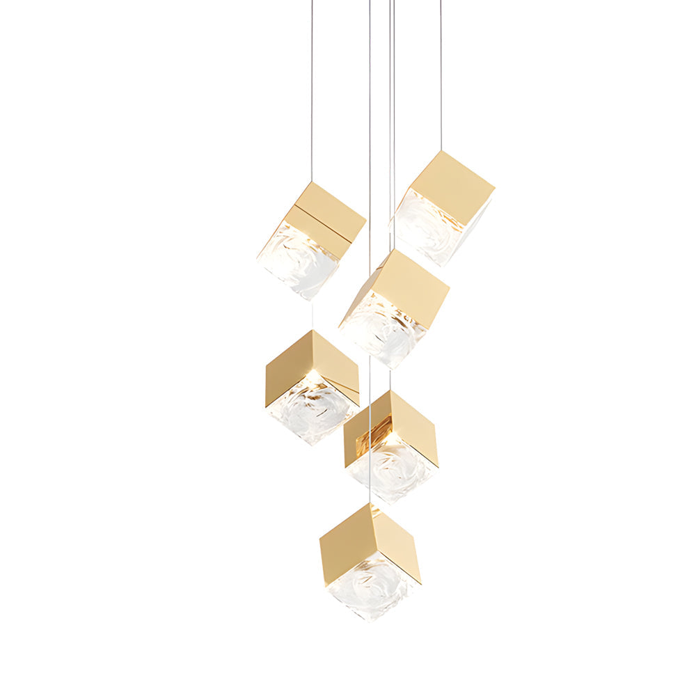 Taavita 1/3/6/9-Light Multi Glass Ice Cube Metallic Staircase Chandelier in Gold/Chrome