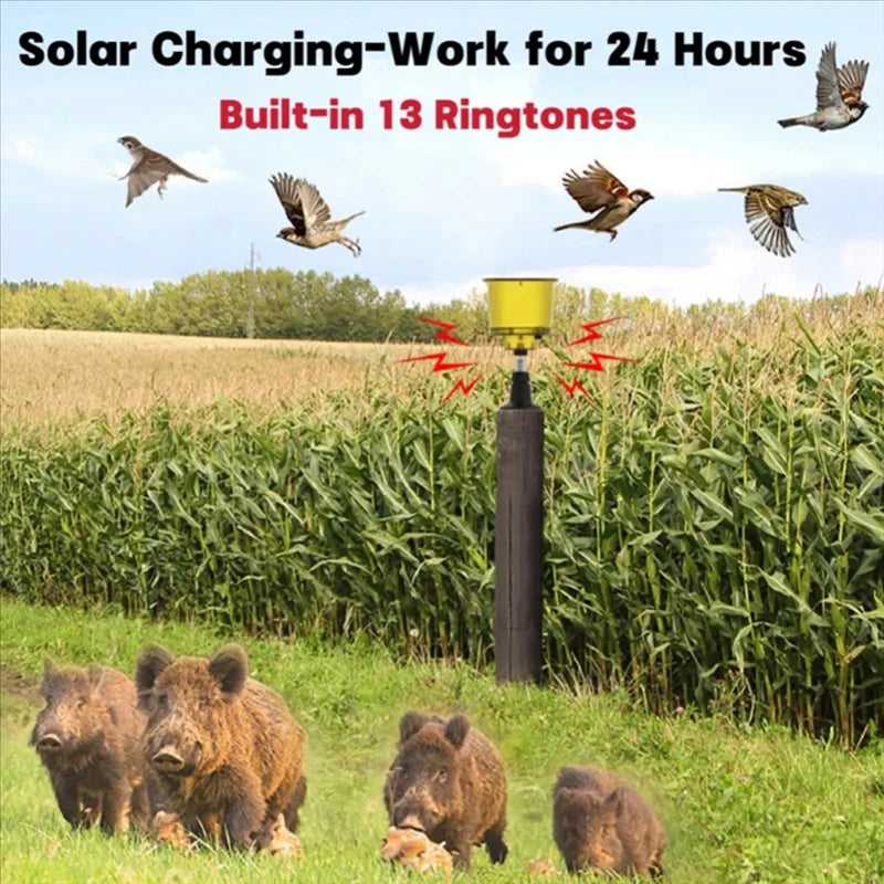 Bird Deterrent Device with Solar Power, Sound, and Light Features