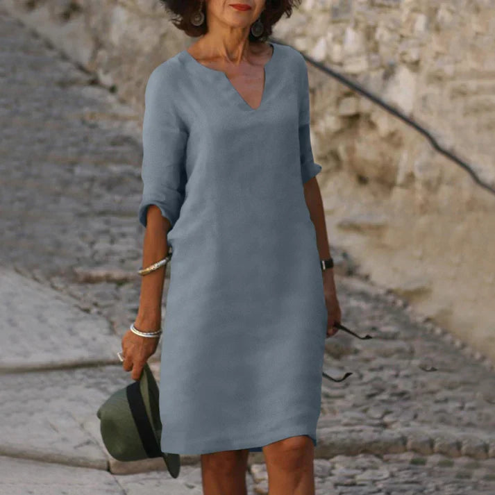 Women’s V-Neck Summer Dress | Linen-Look Polyester Fabric | Knee-Length Shift Silhouette | Breathable & Comfortable Fit