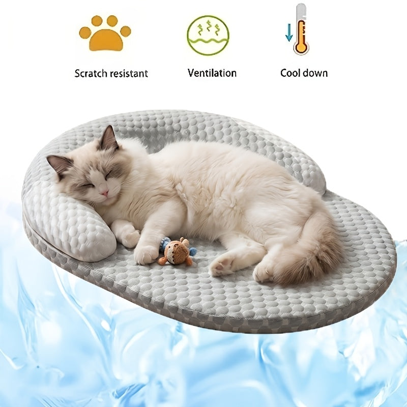 Summer Cooling Cat Bed, Breathable Dog Bed with Raised Neck Pillow, Non-Slip & Washable Round Cooling Pet Mat for Cats and Small Dogs