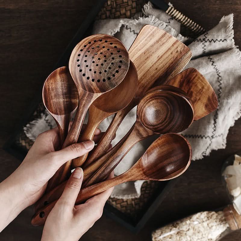 Elegant Teak Wood Utensil Set for Stylish Cooking