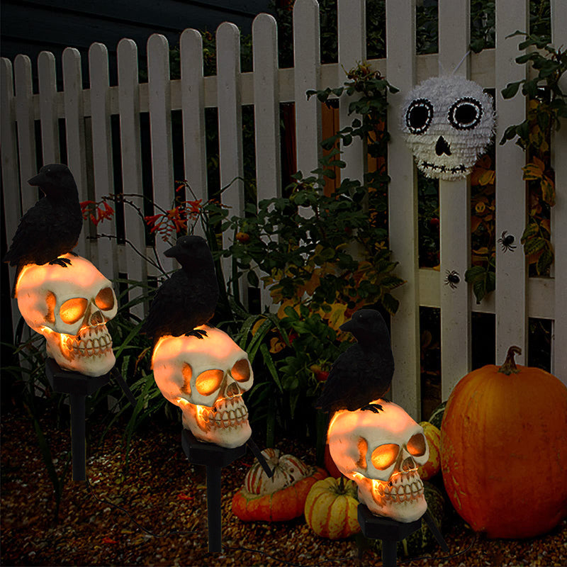 Solar-Powered Halloween Garden Skull and Crow Lights Outdoor Decor