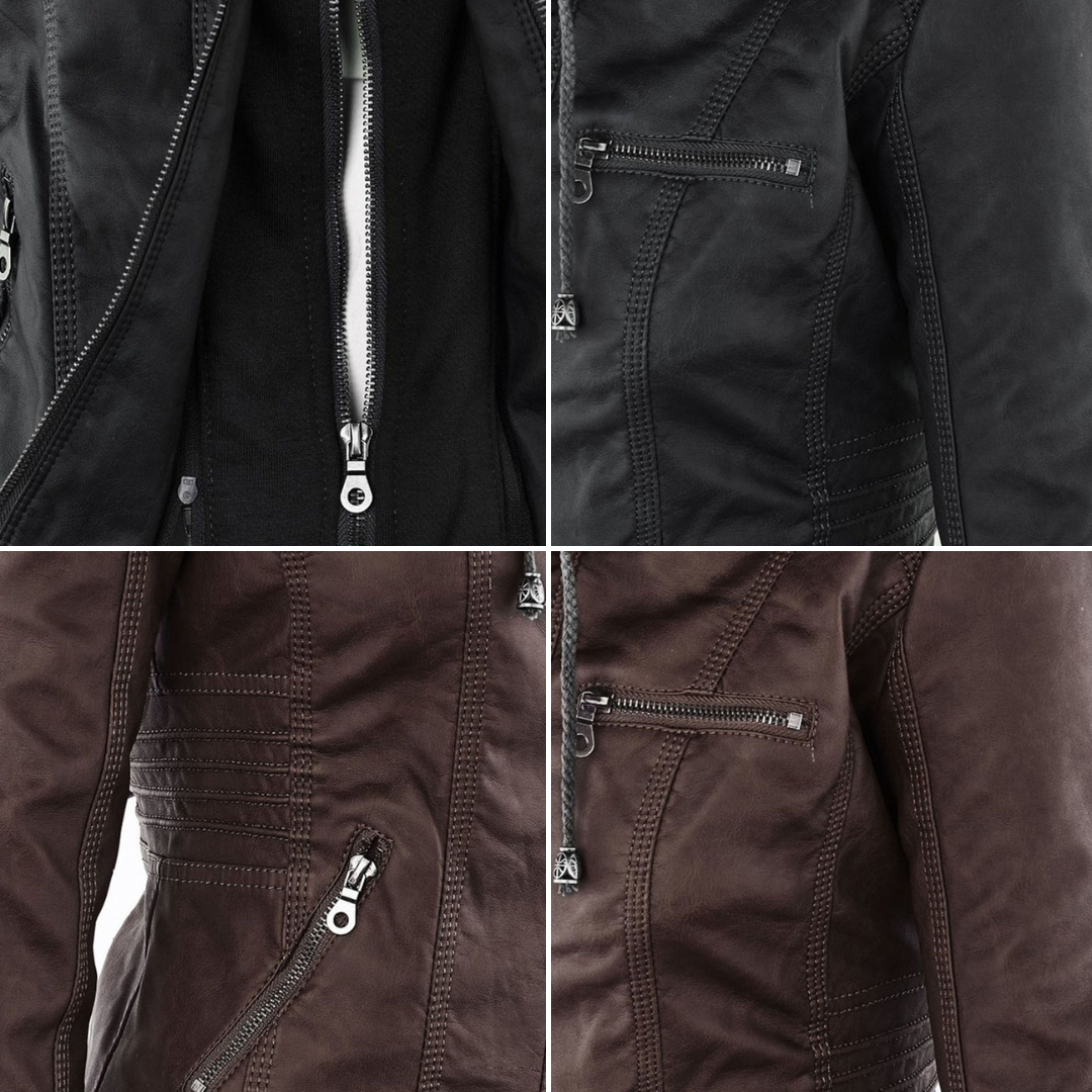 Women’s Weatherproof Leather Jacket | Detachable Hood & Zip Closure | Durable Polyester Fiber | Comfortable Fit