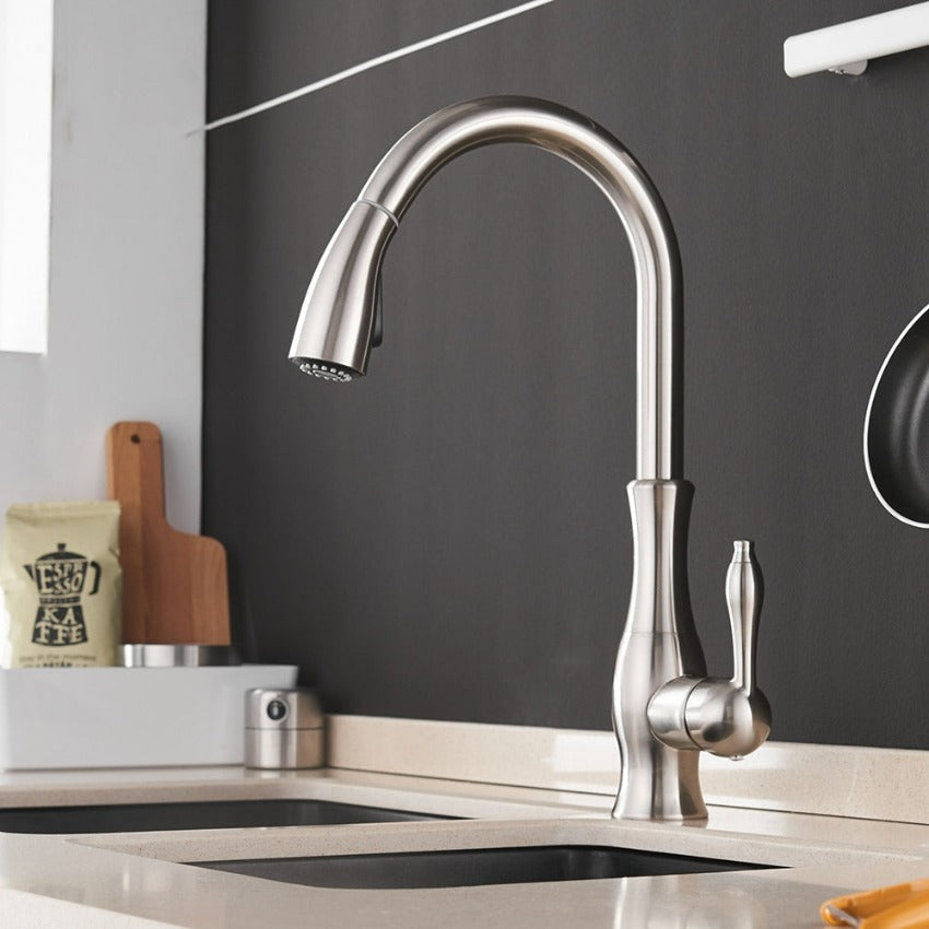 Retractable Pull-Out Kitchen Faucet | Brushed Nickel Finish | Single Lever Control | Durable Corrosion-Resistant Design