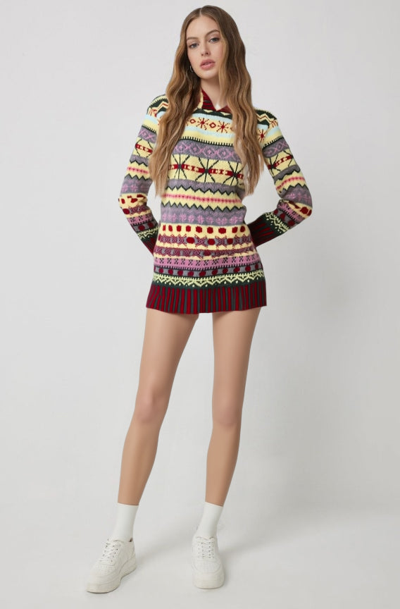 Women’s Nordic Knit Sweater Dress | Hooded Casual Fit | Long Sleeves | Winter Warmth