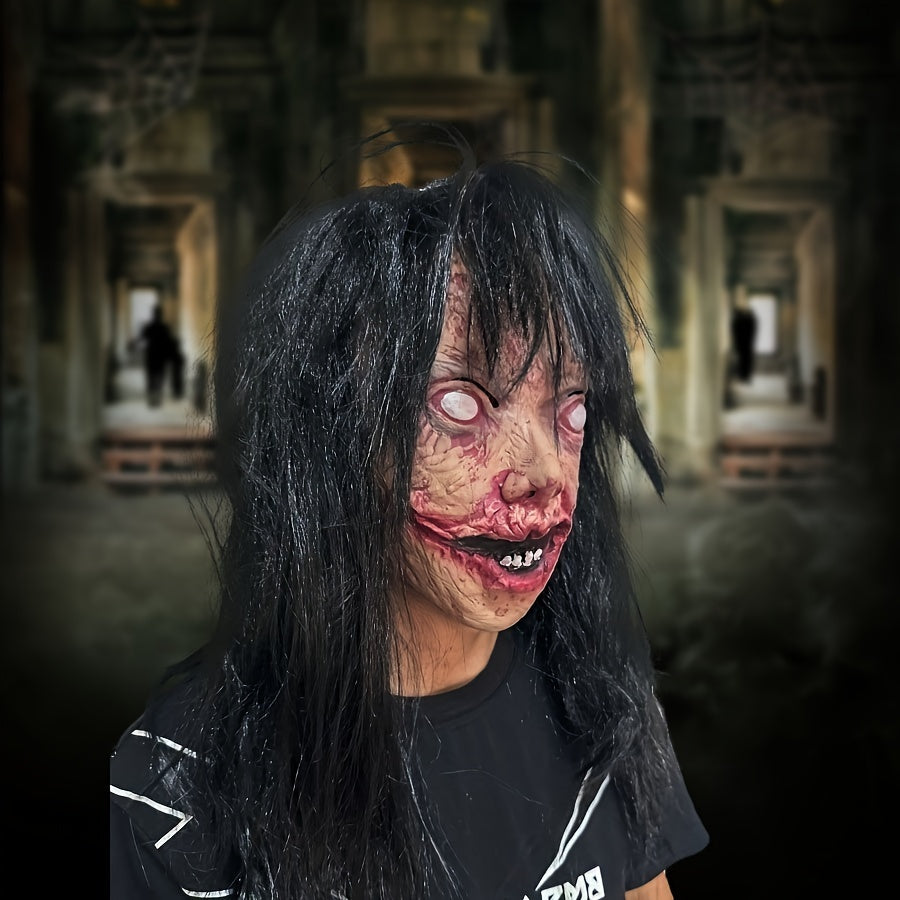 Spooky Halloween Latex Mask with Black Hair & White Eyes
