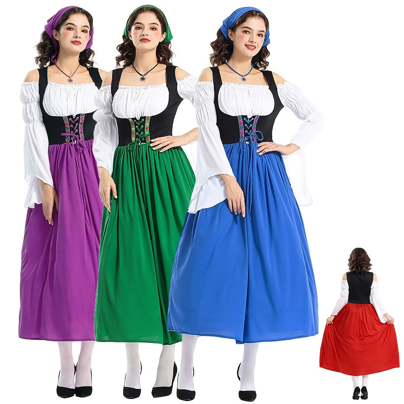 Women's Oktoberfest Dirndl Dress Set with Corset Bodice and Puff Sleeve Blouse
