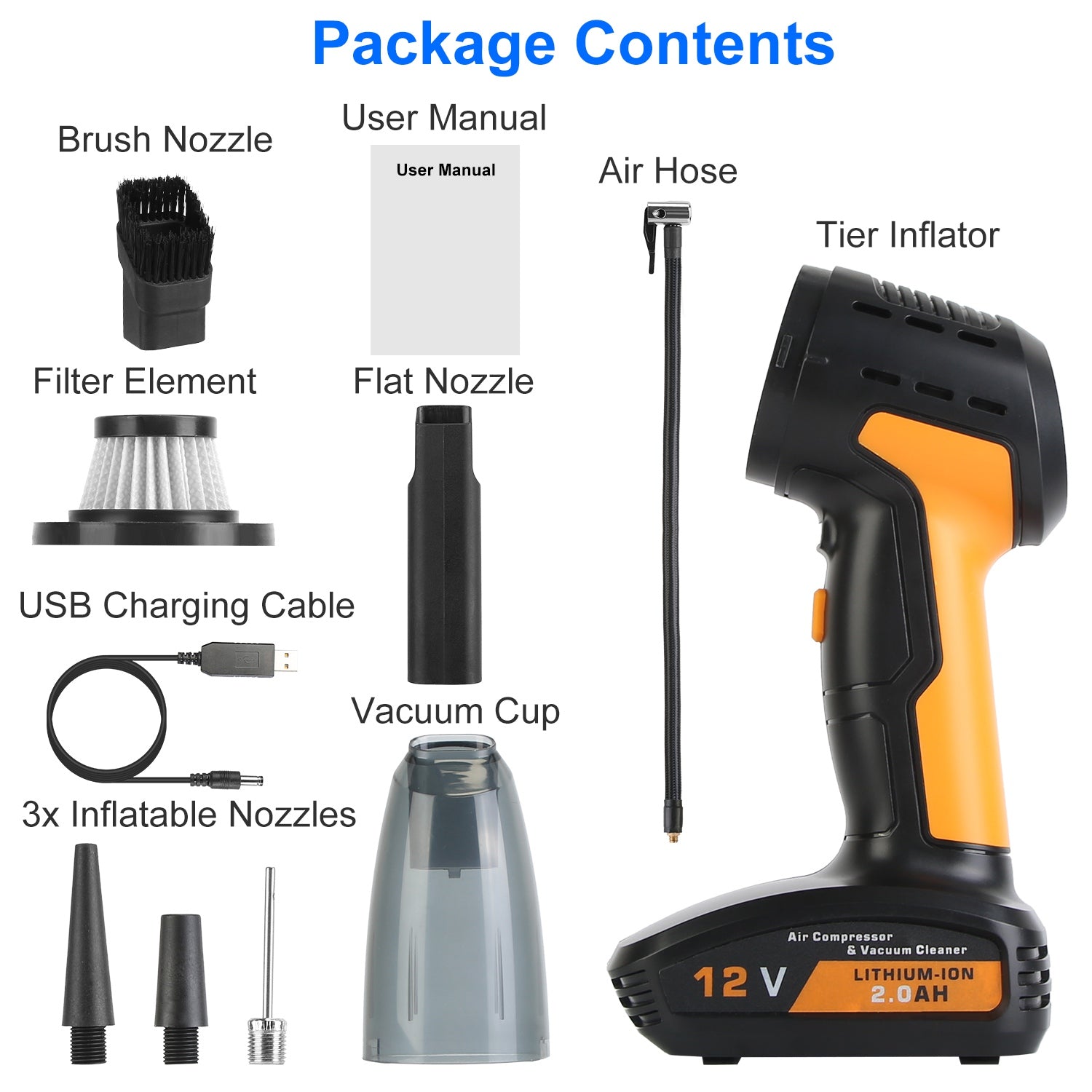 Cordless 4-in-1 Car Vacuum with Tyre Inflator, 9000Pa, 120W, 6000mAh, LED Light, Auto Shut-Off