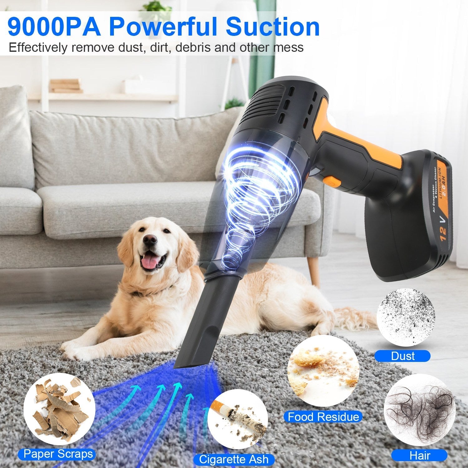 Cordless 4-in-1 Car Vacuum with Tyre Inflator, 9000Pa, 120W, 6000mAh, LED Light, Auto Shut-Off
