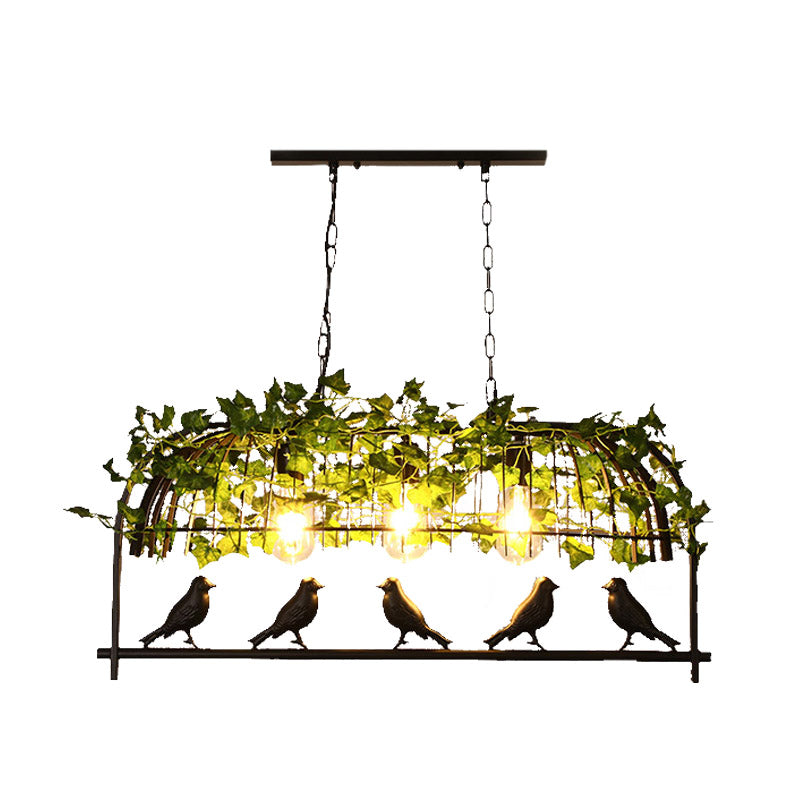 3-Light Industrial Black Metal Birdcage Island Ceiling Light Hanging Lamp with Plant Decoration