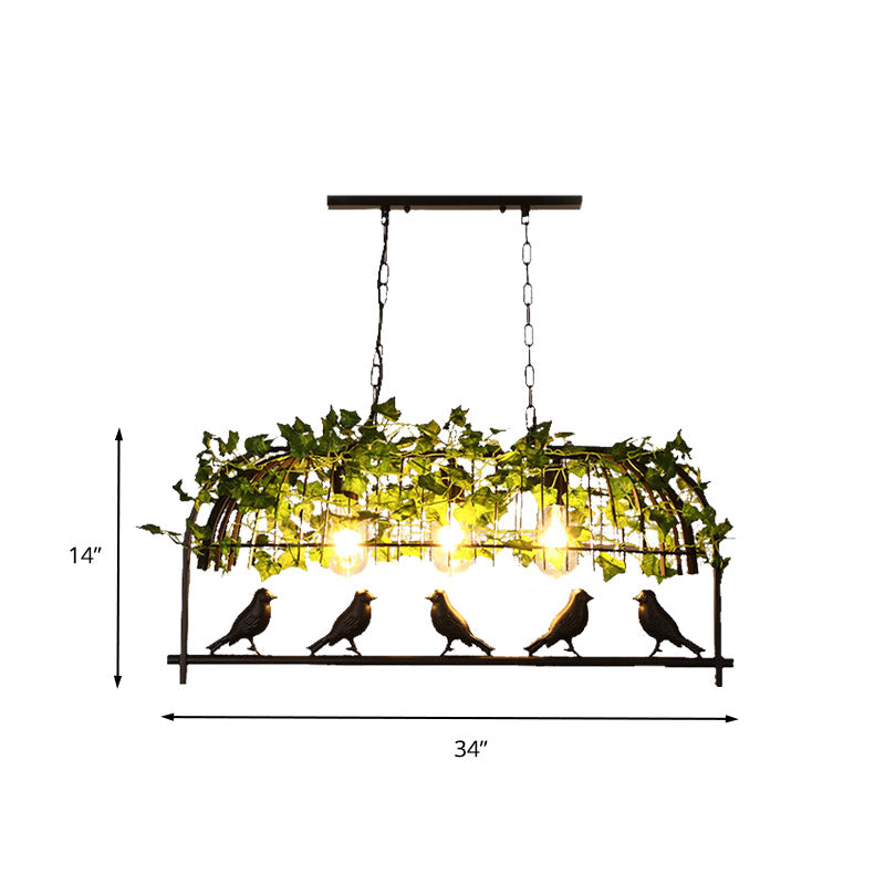 3-Light Industrial Black Metal Birdcage Island Ceiling Light Hanging Lamp with Plant Decoration