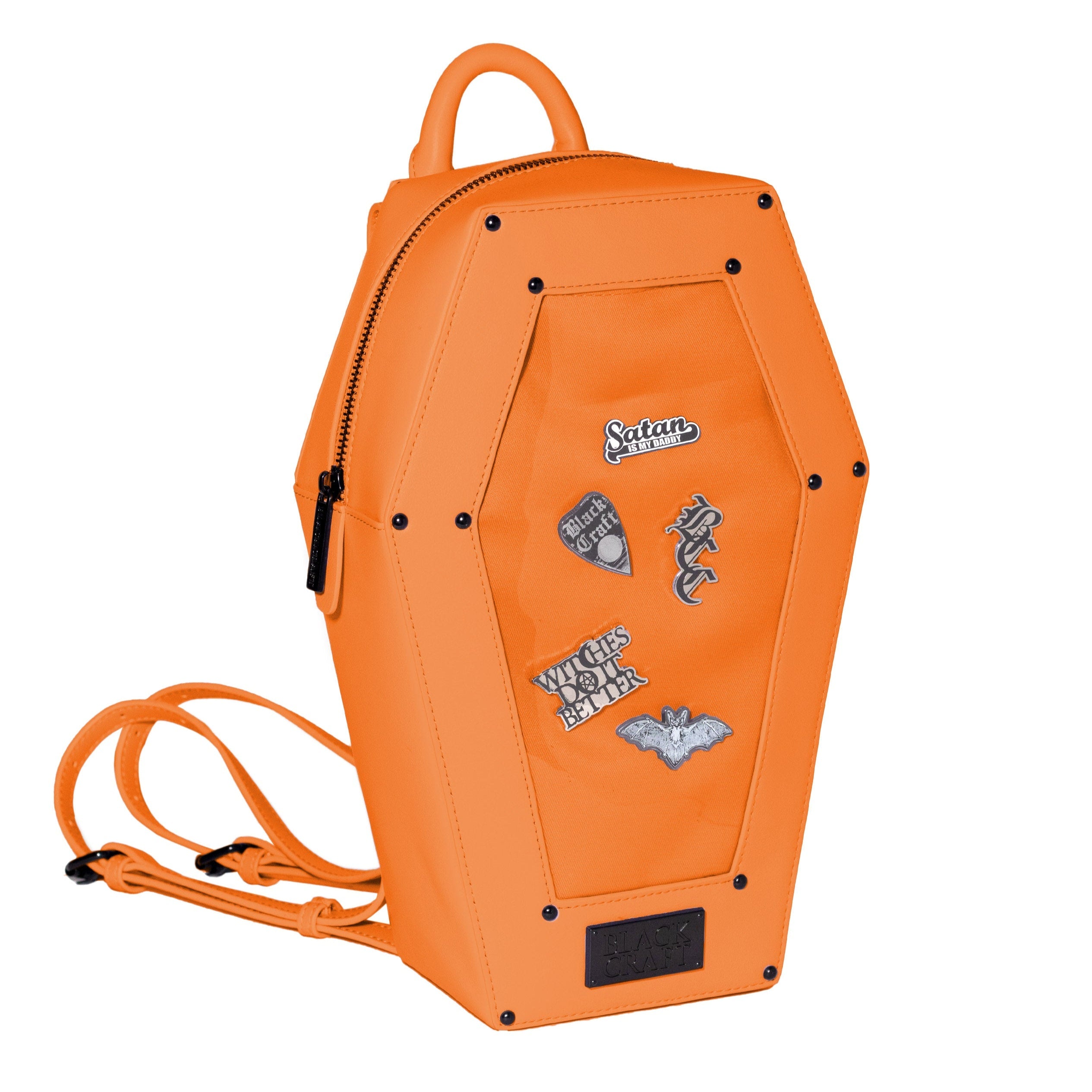 Halloween Coffin Backpack with Clear Pin Display Window, Orange Faux Leather