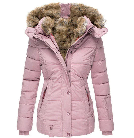 Women's Winter Jacket | Insulating Padded Lining & Faux Fur Hood | Button & Zipper Closure | Warmth and Wind Protection