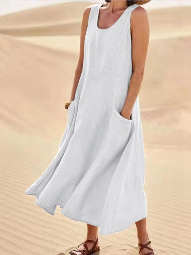 Women’s Maxi Dress | Lightweight Breathable Linen-Style | Side Pockets & Relaxed Fit | Comfortable Summer Wear